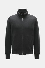 Montecore Cashmere Strickblouson dunkelgrau meliert, vorne frontal mit Stehkragen, zwei-Wege-Reißverschluss, Rippbündchen, slim fit, sehr weich, elastisch.