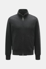 Montecore Cashmere Strickblouson dunkelgrau meliert, vorne frontal mit Stehkragen, zwei-Wege-Reißverschluss, Rippbündchen, slim fit, sehr weich, elastisch.