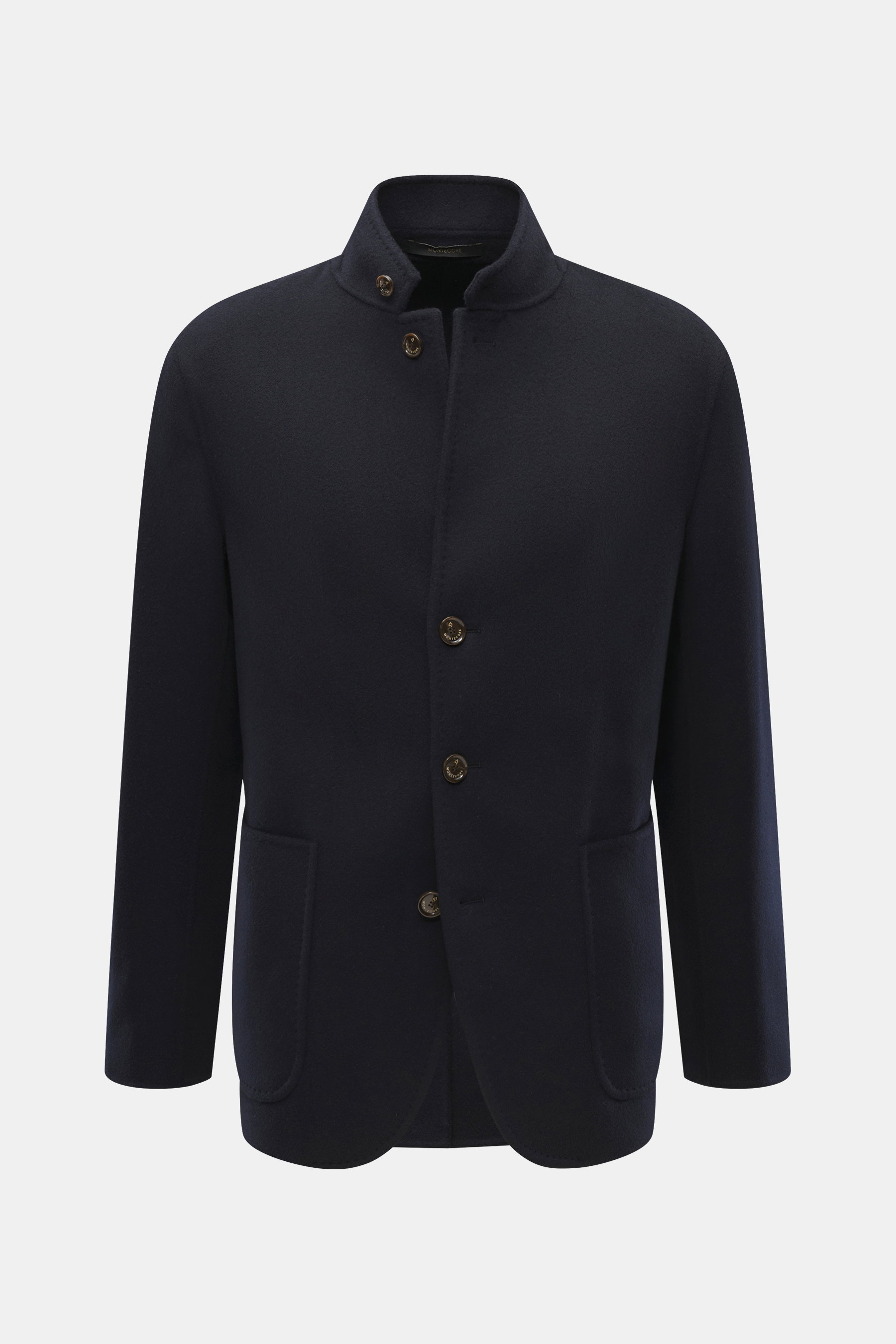 Montecore Cashmere Jacke navy, frontal fotografiert, Slim Fit, reiner Cashmere, vier Knöpfe, variabler Reverskragen, aufgesetzte Taschen, ungefüttert, Innentasche, Rückenmittelschlitz.