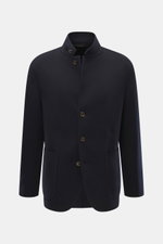 Montecore Cashmere Jacke navy, frontal fotografiert, Slim Fit, reiner Cashmere, vier Knöpfe, variabler Reverskragen, aufgesetzte Taschen, ungefüttert, Innentasche, Rückenmittelschlitz.
