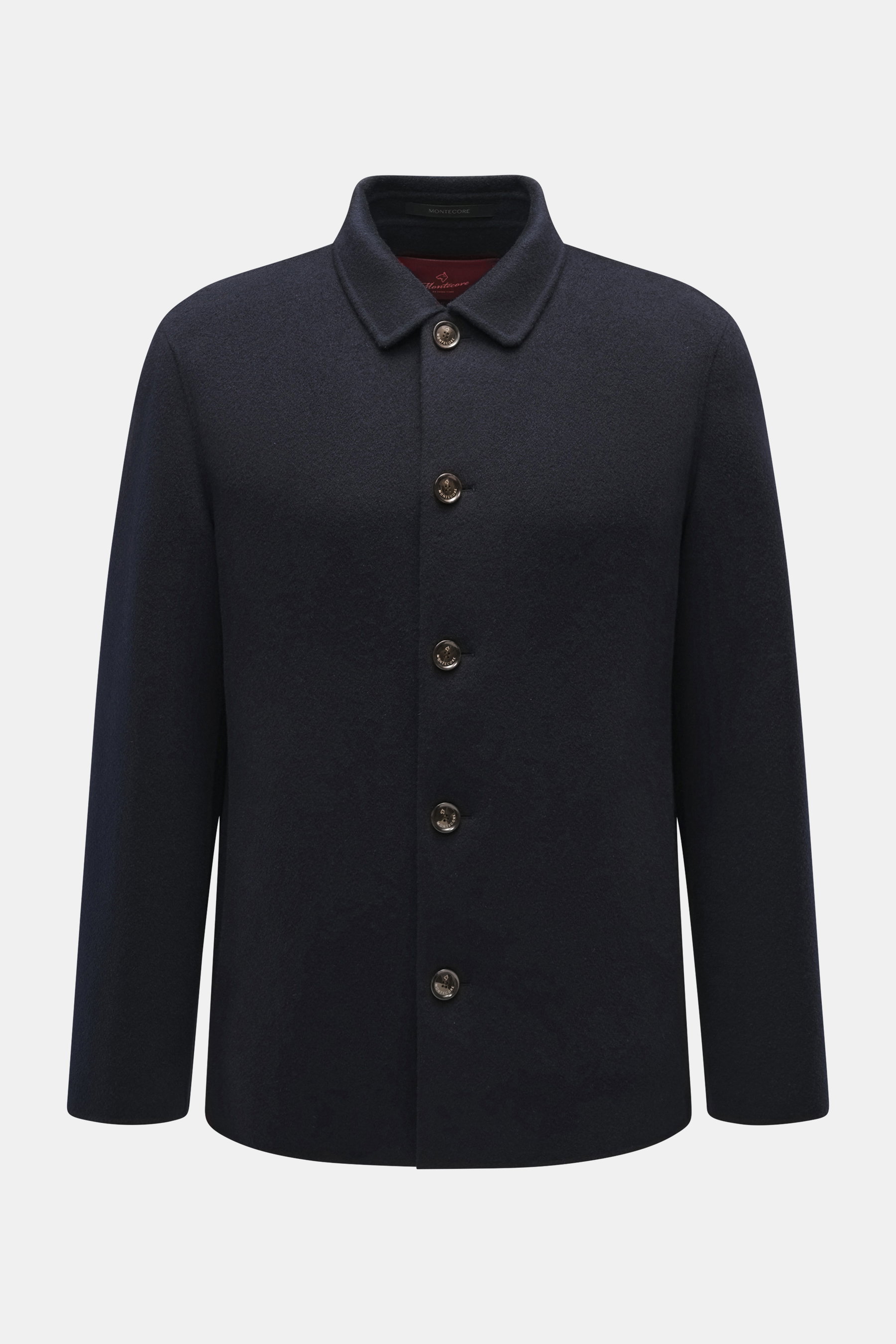 Montecore Cashmere Jacke navy, Slim Fit, aus reinem Cashmere, frontale Nahaufnahme mit Umlegekragen, Fünf-Knopf-Stil, Taschen seitlich, ungefüttert.