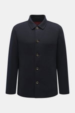 Montecore Cashmere Jacke navy, Slim Fit, aus reinem Cashmere, frontale Nahaufnahme mit Umlegekragen, Fünf-Knopf-Stil, Taschen seitlich, ungefüttert.