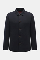 Montecore Cashmere Jacke navy, Slim Fit, aus reinem Cashmere, frontale Nahaufnahme mit Umlegekragen, Fünf-Knopf-Stil, Taschen seitlich, ungefüttert.