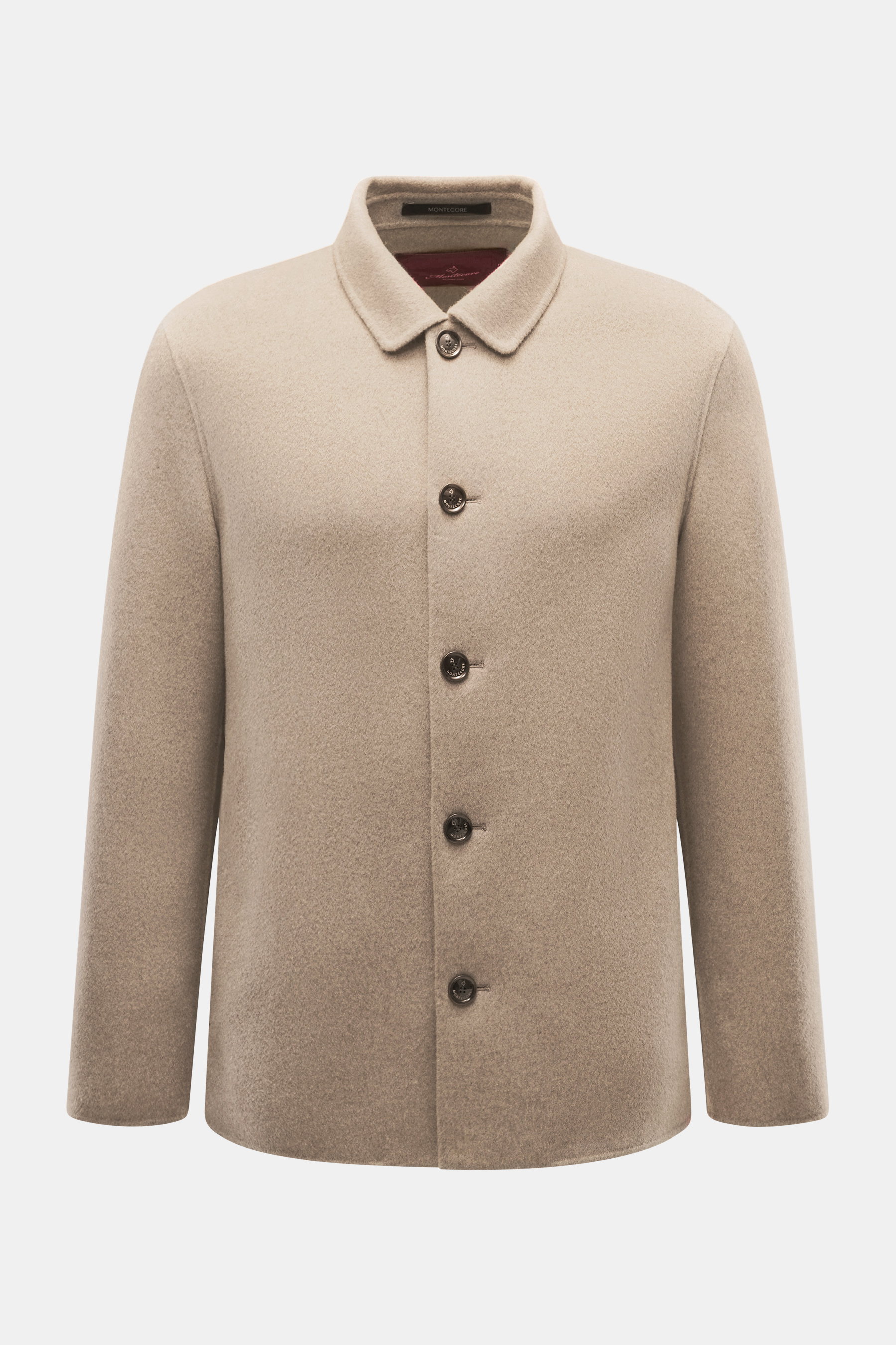 Montecore Cashmere jacket beige melange shown from front, slim fit with five-button style, turn-down collar, side seam and inner pockets, pure soft cashmere.