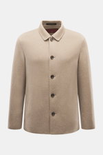 Montecore Cashmere Jacke beige meliert, frontale Nahaufnahme, Slim Fit, reiner Cashmere, softer Griff, Fünf-Knopf-Stil, Umlegekragen, ungefüttert, Seitentaschen, Innentasche, edler Herbst- und Winterbegleiter.