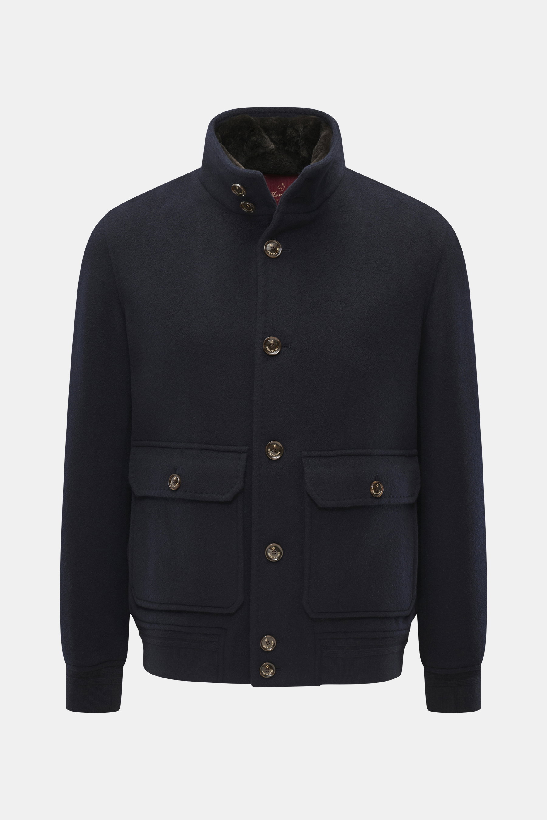 Front view of Montecore Cashmere Jacke navy in pure cashmere with slim fit, soft touch, double-breasted four-button style, stand collar with removable beaver fur trim, welt pockets, back center vent, unlined, and one inner pocket for autumn and winter.