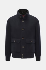 Front view of Montecore Cashmere Jacke navy in pure cashmere with slim fit, soft touch, double-breasted four-button style, stand collar with removable beaver fur trim, welt pockets, back center vent, unlined, and one inner pocket for autumn and winter.