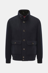 Front view of Montecore Cashmere Jacke navy in pure cashmere with slim fit, soft touch, double-breasted four-button style, stand collar with removable beaver fur trim, welt pockets, back center vent, unlined, and one inner pocket for autumn and winter.