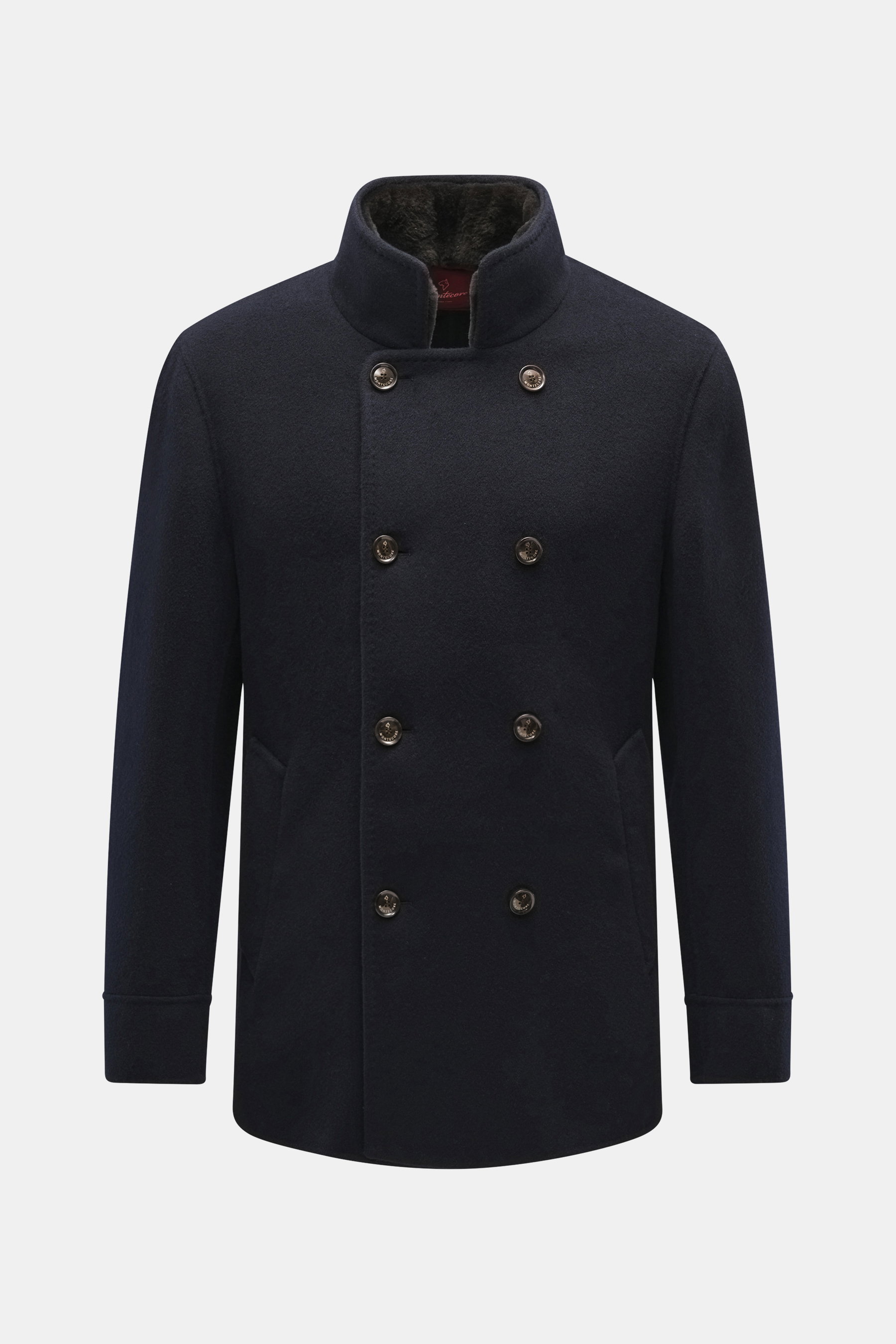 Montecore Cashmere Jacket navy shown from front, pure cashmere slim fit with double-breasted four-button, stand-up collar, soft touch.