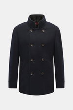 Montecore Cashmere Jacket navy shown from front, pure cashmere slim fit with double-breasted four-button, stand-up collar, soft touch.