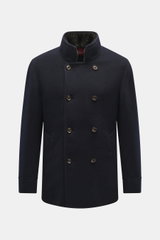 Montecore Cashmere Jacket navy shown from front, pure cashmere slim fit with double-breasted four-button, stand-up collar, soft touch.
