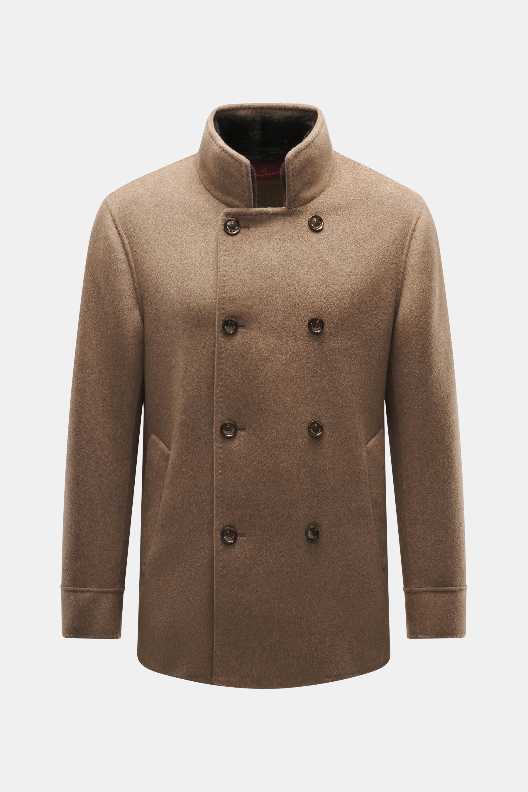 Front view of Montecore Cashmere Jacket taupe melange, pure cashmere slim fit double-breasted coat with stand-up collar, beaver fur trim.