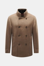 Front view of Montecore Cashmere Jacket taupe melange, pure cashmere slim fit double-breasted coat with stand-up collar, beaver fur trim.