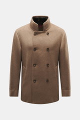 Front view of Montecore Cashmere Jacket taupe melange, pure cashmere slim fit double-breasted coat with stand-up collar, beaver fur trim.