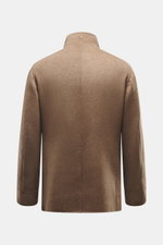 Montecore Cashmere Jacket taupe melange shown from the back, pure cashmere slim fit with stand-up collar, center back vent, unlined.