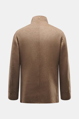 Montecore Cashmere Jacket taupe melange shown from the back, pure cashmere slim fit with stand-up collar, center back vent, unlined.