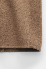 Close-up front view of Montecore Cashmere Jacket taupe melange in pure cashmere with soft touch, slim fit, double-breasted, stand-up collar, piped welt pockets, center back vent, unlined, and one inside pocket, luxurious for autumn and winter.
