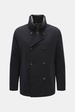 Montecore Down jacket dark navy shown from the front, slim fit with high-quality microfiber, smooth feel, water-repellent, breathable, light down filling, stand-up collar, two-way zipper, removable double front, slanted hip pockets, rear metal logo, and t