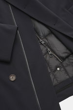 Montecore Down jacket dark navy shown from top front close-up, featuring high-quality microfiber, smooth feel, slim fit, water-repellent, breathable, light down filling, stand-up collar, two-way zipper, removable double front, slanted hip pockets, rear me