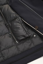 Montecore Down jacket dark navy close-up from above showing removable double front, two-way zipper, high-quality microfiber, smooth feel, slim fit. Functionality meets stylish versatility: The down jacket by MONTECORE impresses with a removable double fro