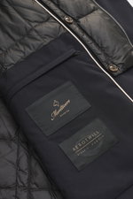 Close-up top-down view of the Montecore Down jacket dark navy, showcasing the high-quality microfiber, smooth feel, slim fit, water-repellent and breathable fabric, light down filling, stand-up collar, two-way zipper, removable double front with button de