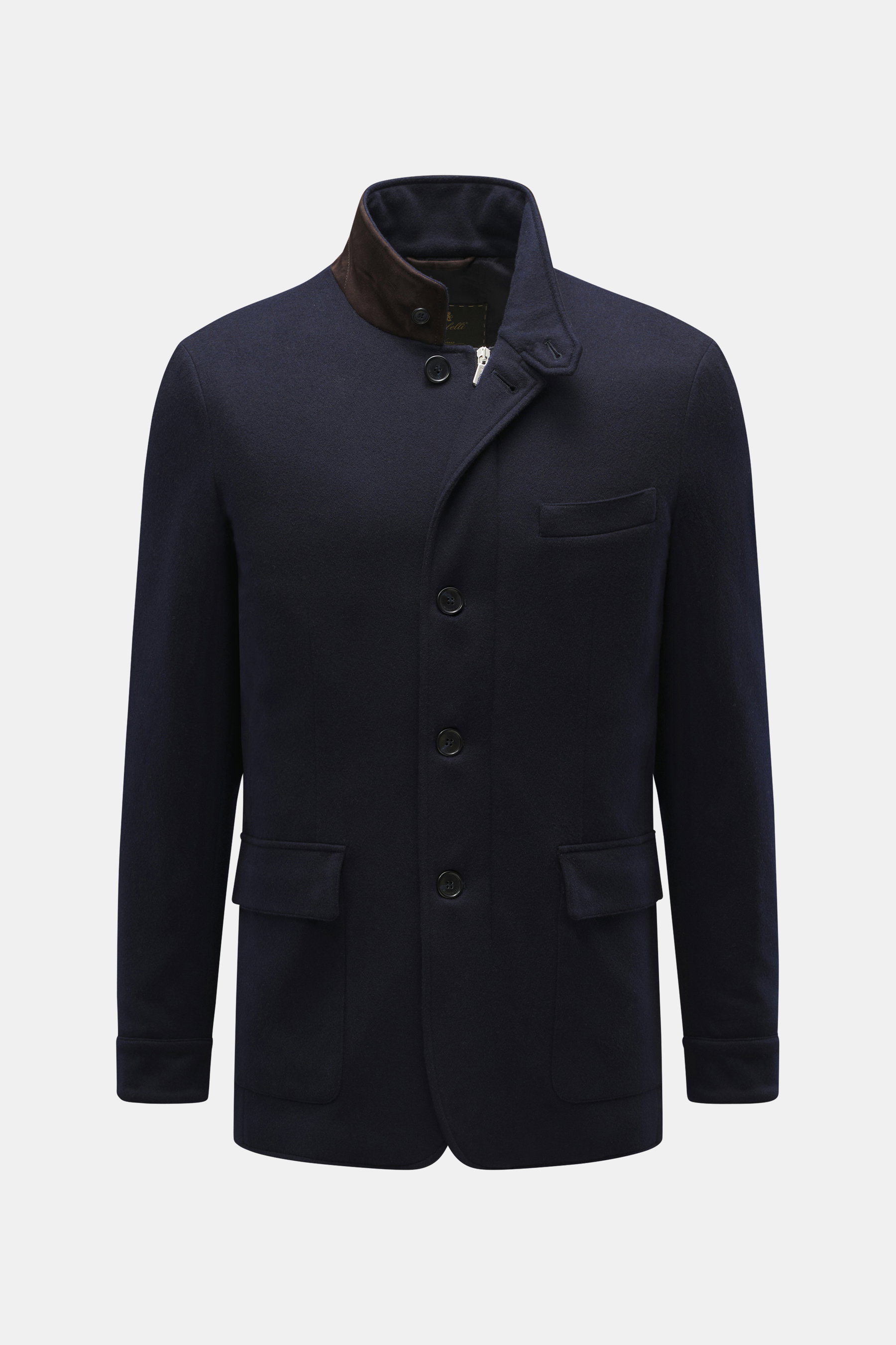 Front view of Mandelli Cashmere Jacke dunkelbraun meliert, a timeless classic long cashmere jacket with slim fit, soft jersey, real mink fur collar, button placket, slanted welt pockets, ribbed cuffs, unlined with two inner pockets.