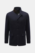 Front view of Mandelli Cashmere Jacke dunkelbraun meliert, a timeless classic long cashmere jacket with slim fit, soft jersey, real mink fur collar, button placket, slanted welt pockets, ribbed cuffs, unlined with two inner pockets.