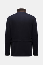 Back view of the Mandelli Cashmere Jacke dunkelbraun meliert, a timeless classic featuring a slim fit, pure cashmere, soft jersey, and a mink fur collar trim.