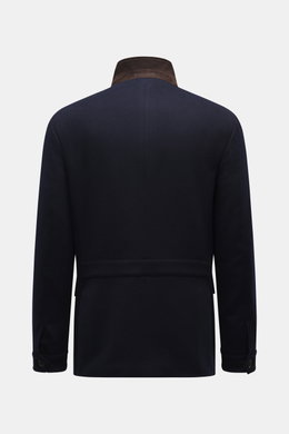 Back view of the Mandelli Cashmere Jacke dunkelbraun meliert, a timeless classic featuring a slim fit, pure cashmere, soft jersey, and a mink fur collar trim.