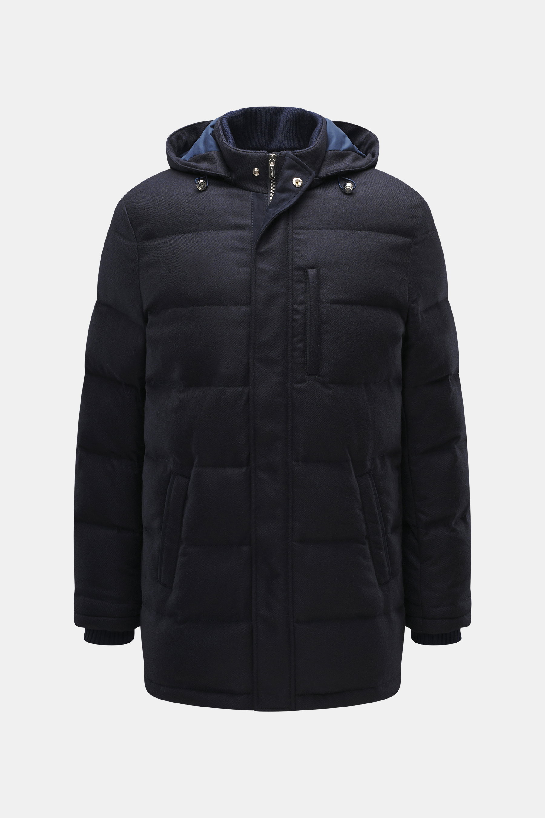 Front view of the Mandelli Down jacket navy, a slim fit down jacket made of virgin wool and cashmere with goatskin leather details, detachable hood, two-way zipper, ribbed cuffs, and multiple pockets for luxurious cold-season comfort.