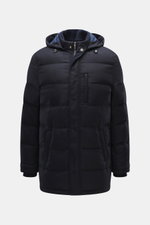 Front view of the Mandelli Down jacket navy, a slim fit down jacket made of virgin wool and cashmere with goatskin leather details, detachable hood, two-way zipper, ribbed cuffs, and multiple pockets for luxurious cold-season comfort.