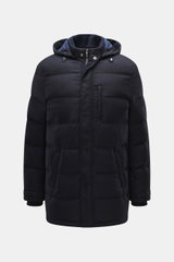 Front view of the Mandelli Down jacket navy, a slim fit down jacket made of virgin wool and cashmere with goatskin leather details, detachable hood, two-way zipper, ribbed cuffs, and multiple pockets for luxurious cold-season comfort.