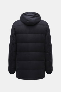 Rear view of the Mandelli Down jacket navy, a slim fit down jacket with detachable hood, ribbed cuffs, and leather-trimmed wind flap.

Description: <p>Luxurious wearing comfort for the cold season: The down jacket by MANDELLI made of virgin wool and cashm