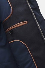 Close-up front detail view of the Mandelli Down jacket navy, highlighting virgin wool, cashmere mix, leather trim, zipper, and pocket.

Description: <p>Luxurious wearing comfort for the cold season: The down jacket by MANDELLI made of virgin wool and cash