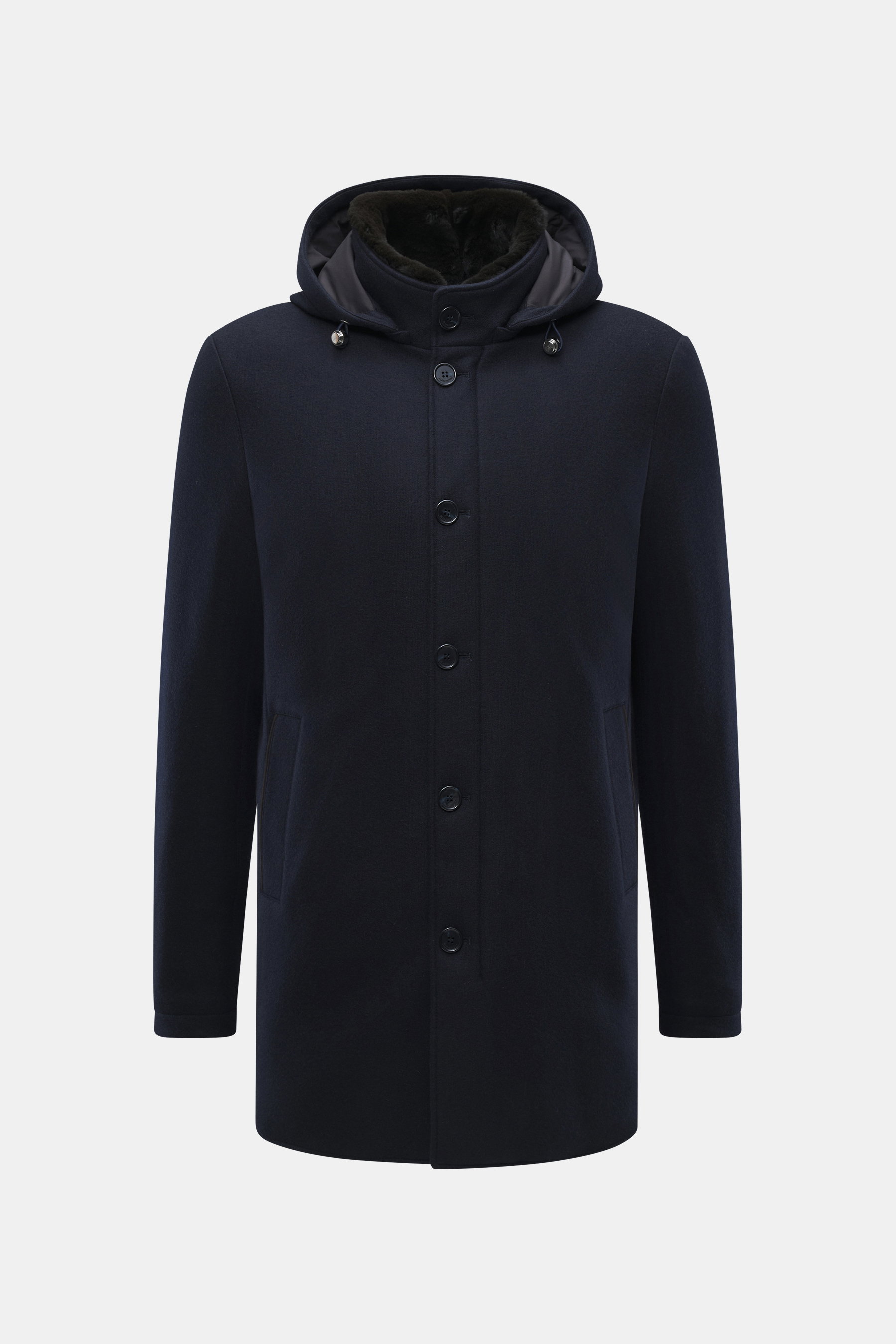 Front view of the Mandelli Cashmere Down Jacket navy, a slim fit jersey jacket made of cashmere with light down filling, stand-up collar with fur trim, detachable hood, two-way zipper, wind flap with buttons, slanted welt pockets with leather reinforcemen