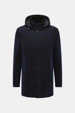 Front view of the Mandelli Cashmere Down Jacket navy, a slim fit jersey jacket made of cashmere with light down filling, stand-up collar with fur trim, detachable hood, two-way zipper, wind flap with buttons, slanted welt pockets with leather reinforcemen