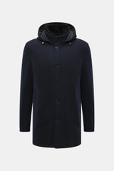 Front view of the Mandelli Cashmere Down Jacket navy, a slim fit jersey jacket made of cashmere with light down filling, stand-up collar with fur trim, detachable hood, two-way zipper, wind flap with buttons, slanted welt pockets with leather reinforcemen