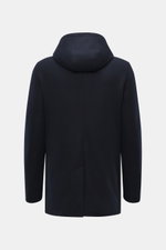 Mandelli Cashmere Down Jacket navy shown from the back, jersey cashmere with light down filling, slim fit, detachable hood, fur-trimmed collar.
