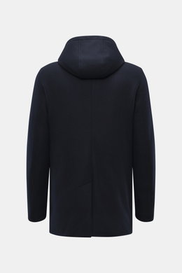 Mandelli Cashmere Down Jacket navy shown from the back, jersey cashmere with light down filling, slim fit, detachable hood, fur-trimmed collar.