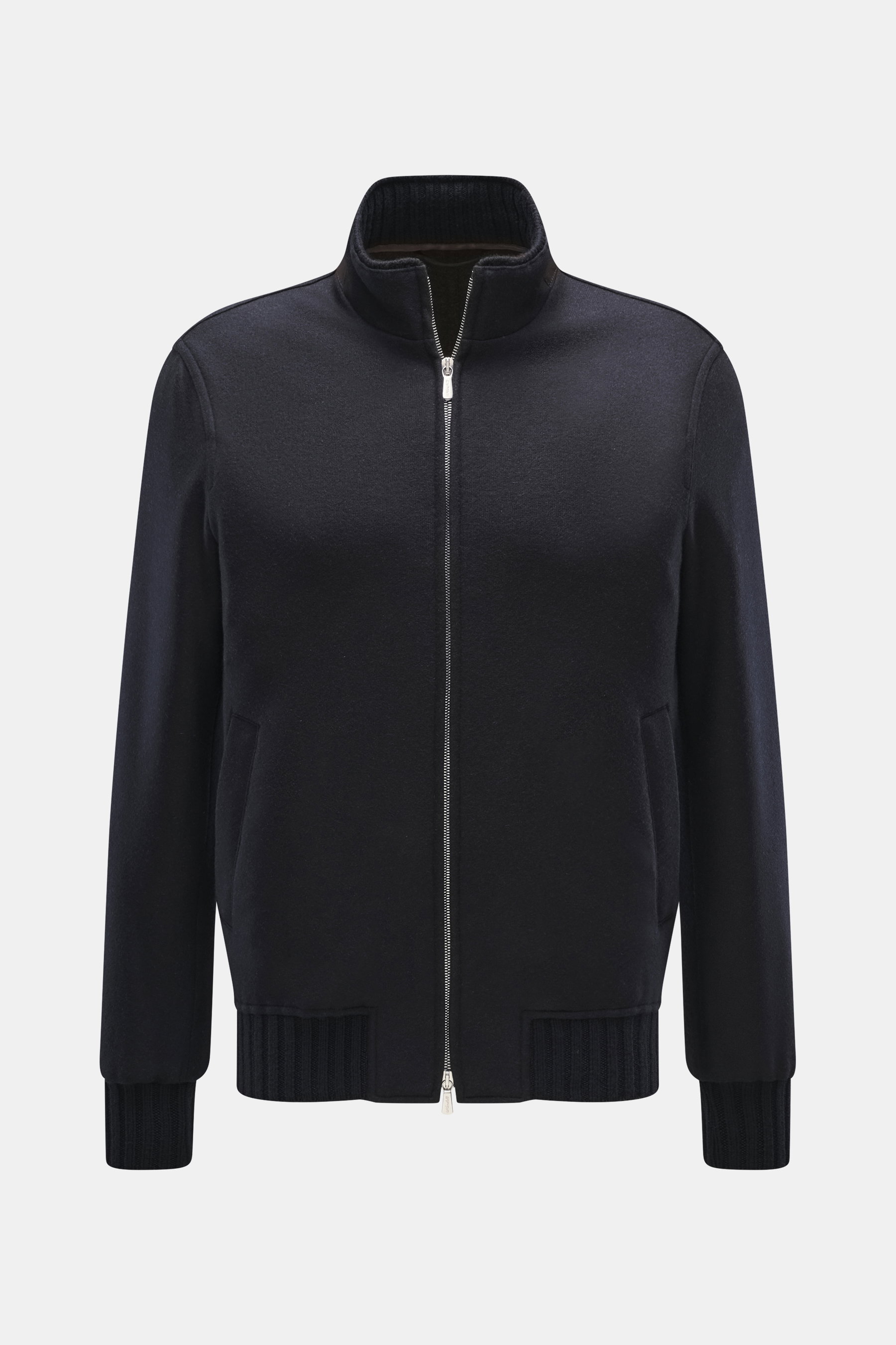 Mandelli Cashmere Blouson navy, frontal fotografiert, edler Cashmere, softer Griff, Slim Fit, Zwei-Wege-Reißverschluss, Stehkragen mit Strick- und Lederbesatz, schräge Leistentaschen mit Zipper, komfortable Rippbündchen, Unconstructed Design, zwei Innenta