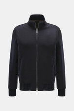 Mandelli Cashmere Blouson navy, frontal fotografiert, edler Cashmere, softer Griff, Slim Fit, Zwei-Wege-Reißverschluss, Stehkragen mit Strick- und Lederbesatz, schräge Leistentaschen mit Zipper, komfortable Rippbündchen, Unconstructed Design, zwei Innenta