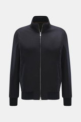 Mandelli Cashmere Blouson navy, frontal fotografiert, edler Cashmere, softer Griff, Slim Fit, Zwei-Wege-Reißverschluss, Stehkragen mit Strick- und Lederbesatz, schräge Leistentaschen mit Zipper, komfortable Rippbündchen, Unconstructed Design, zwei Innenta