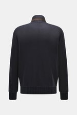 Mandelli Cashmere Blouson navy Rückansicht, edler Cashmere, softer Griff, Slim Fit, Zwei-Wege-Reißverschluss, Stehkragen mit Strick- und Lederbesatz, schräge Leistentaschen mit Zipper, komfortable Rippbündchen, Unconstructed Design, zwei Innentaschen.