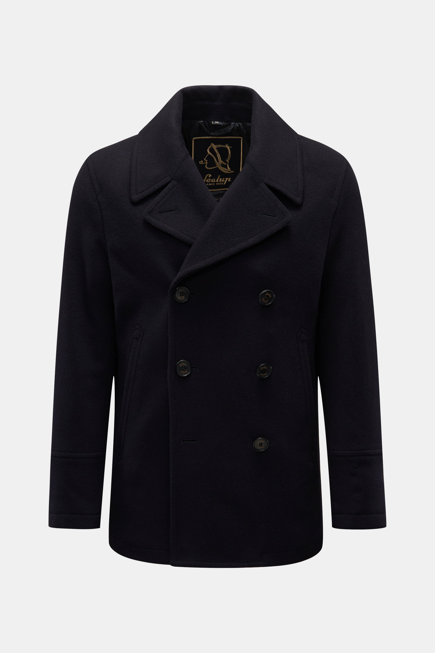 Front view of Sealup Pea coat 'Amalfi' dark navy, a slim-fit, double-breasted wool-cashmere blend pea coat with wide lapel collar, slanted hip pockets, small metal logo, lightweight padding, and one zipped inside pocket. 

<p>A nautical classic from tradi