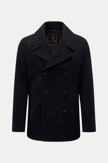Front view of Sealup Pea coat 'Amalfi' dark navy, a slim-fit, double-breasted wool-cashmere blend pea coat with wide lapel collar, slanted hip pockets, small metal logo, lightweight padding, and one zipped inside pocket. 

<p>A nautical classic from tradi