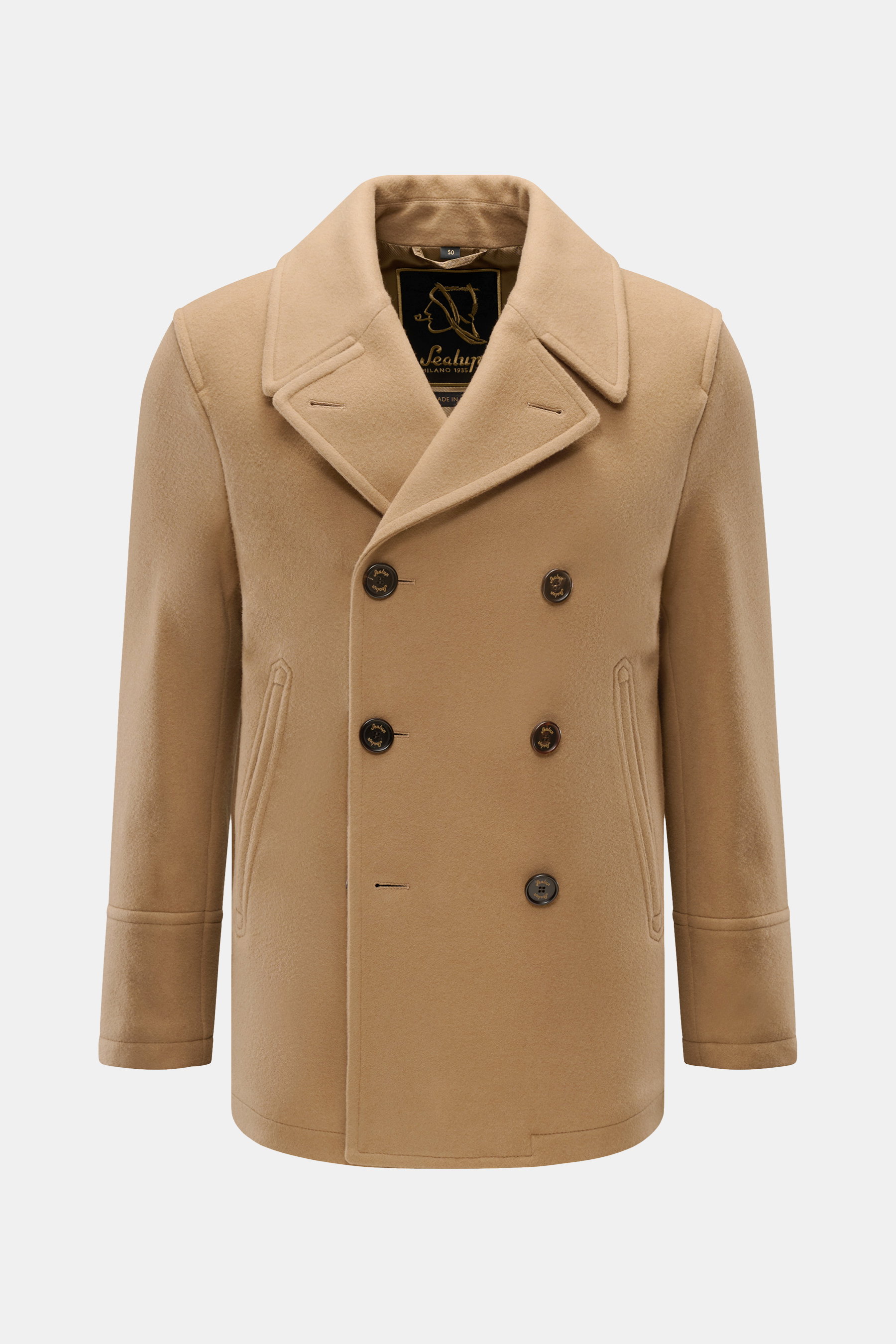 Sealup Pea coat 'Amalfi' camel shown from the front, slim fit double-breasted wool and cashmere blend with wide lapel collar.  
<p>A nautical classic from traditional label SEALUP: The elegant pea coat 'Amalfi Peacoat' is made of soft wool and cashmere fa