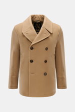 Sealup Pea coat 'Amalfi' camel shown from the front, slim fit double-breasted wool and cashmere blend with wide lapel collar.  
<p>A nautical classic from traditional label SEALUP: The elegant pea coat 'Amalfi Peacoat' is made of soft wool and cashmere fa