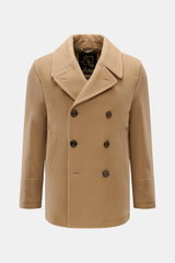 Sealup Pea coat 'Amalfi' camel shown from the front, slim fit double-breasted wool and cashmere blend with wide lapel collar.  
<p>A nautical classic from traditional label SEALUP: The elegant pea coat 'Amalfi Peacoat' is made of soft wool and cashmere fa