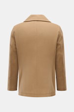 Rear view of Sealup Pea coat 'Amalfi' camel, a slim fit wool and cashmere blend with soft feel, lightweight padding, and wide lapel collar.