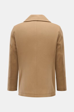 Rear view of Sealup Pea coat 'Amalfi' camel, a slim fit wool and cashmere blend with soft feel, lightweight padding, and wide lapel collar.